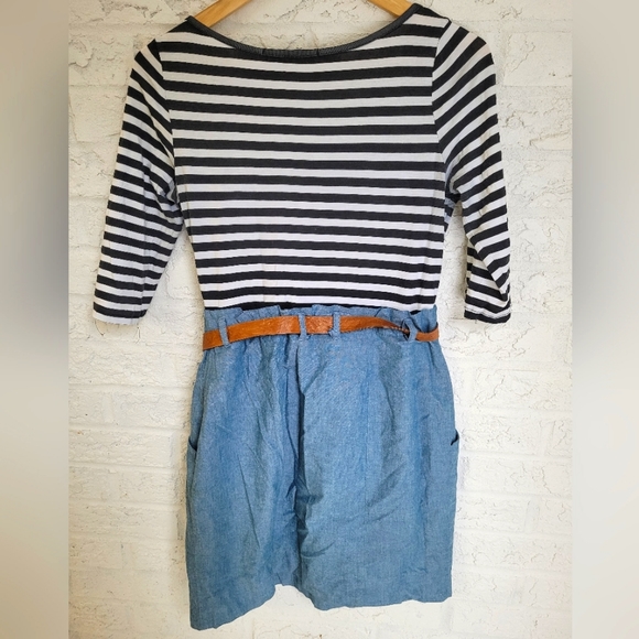 Denim & Striped Tee Dress, comes with Tan Belt. - Picture 6 of 9
